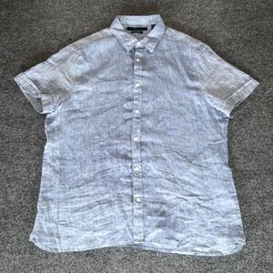 Perry Ellis Mens Shirt 100% Linen Short Sleeve‎ Button Up Casual Blue XL Summer